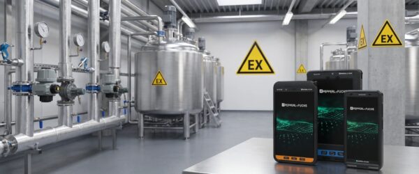 Terminales ATEX Pepperl+Fuchs (smartphones y tablet) en una planta industrial con zona ATEX señalizada